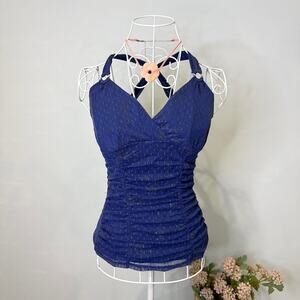 The prettiest vintage y2k blue mesh ruched babydoll halter top